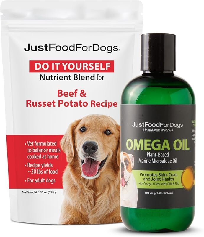 JustFoodForDogs DIY Homemade Beef Dog Food Nutrient Blend and Omega Oi