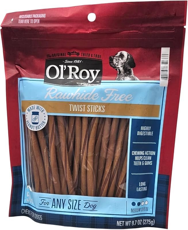 Ol' Roy Rawhide Free Peanut Butter Flavor Twist Sticks Dog Treats, 9.7
