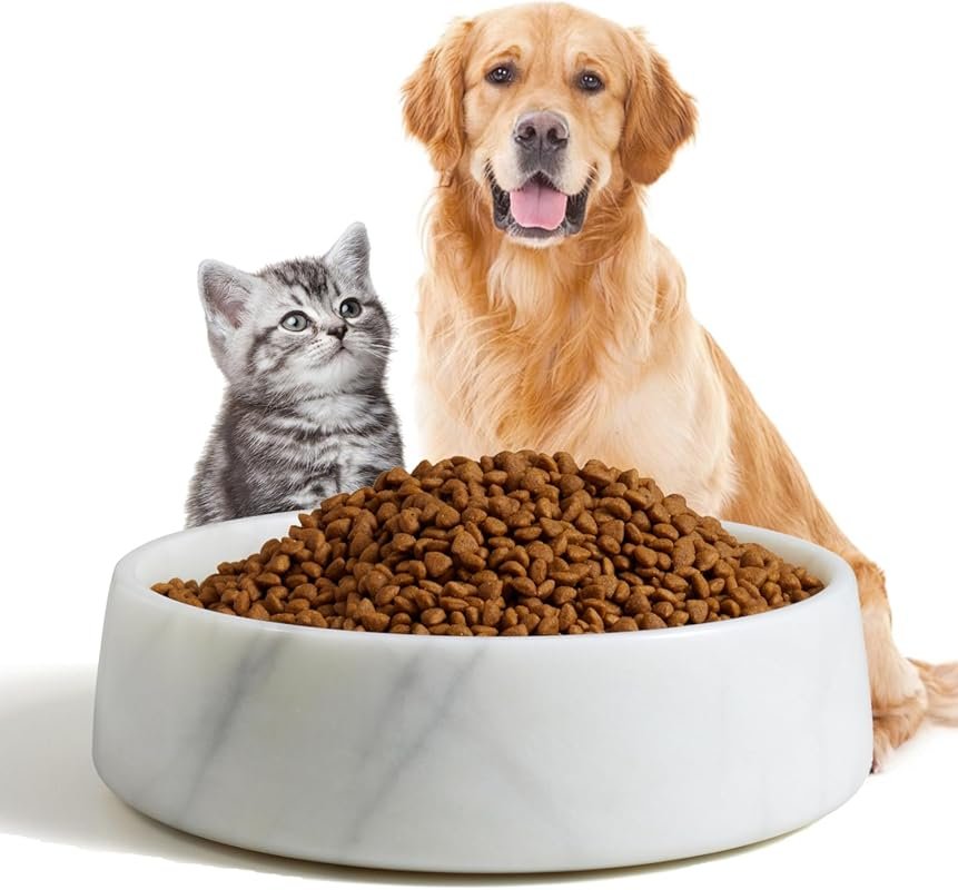 White Marble Dog Bowl – Non-Slip, Heavy, Easy to Clean, Holds 6 Cups